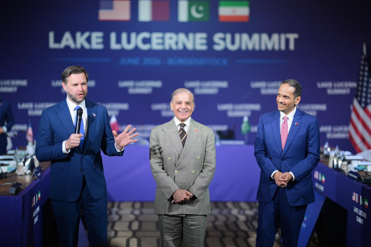BURGENSTOCK, SWITZERLAND - JUNE 21: (----EDITORIAL USE ONLY - MANDATORY CREDIT - ' GOVERNMENT OF PAKISTAN'S X ACCOUNT / HANDOUT' - NO MARKETING NO ADVERTISING CAMPAIGNS - DISTRIBUTED AS A SERVICE TO CLIENTS----) Pakistan Prime Minister Muhammad Shehbaz Sharif along with US Vice President J.D. Vance and Prime Minister and Foreign Minister of the State of Qatar Sheikh Mohammed bin Abdulrahman bin Jassim bin Jaber Al Thani deliver a speech prior to the commencement of the technical level talks between the US and Iran, hosted by Pakistan in Burgenstock, Switzerland, on June 21, 2026. Government of Pakistan's X Account / Anadolu