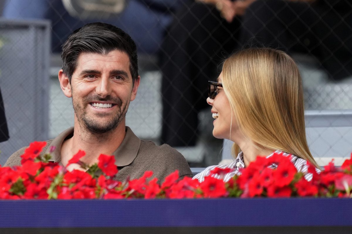 Thibaut Courtois Real Madrid goalkeeper and his wife and model Mishel Gerzig during Men's Singles semi-final match on Day twelve of the Mutua Madrid Open 2026, ATP Masters 1000 and WTA 1000 tournament celebrates at La Caja Magica on May 1, 2026 in Madrid, Spain. (Photo by Jose Breton/Pics Action/NurPhoto)