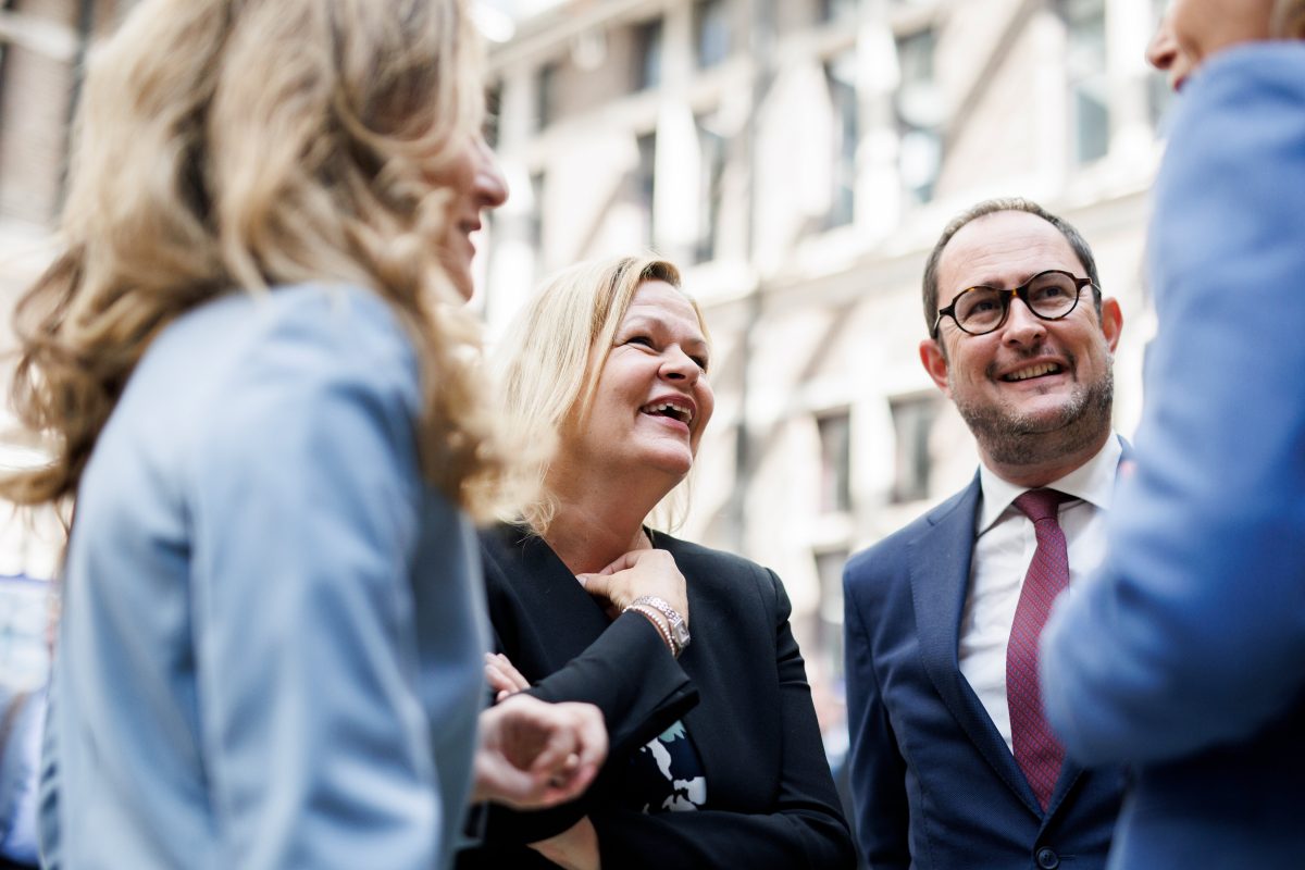 Dutch Justice Minister Dilan Yesilgoz Zegerius (l-r), speaks with Nancy Faeser (SPD), Federal Minister of the Interior and Home Affairs, and Belgian Justice Minister Vincent Van Quickenborne before the meeting of interior and justice ministers from six European countries on combating organized crime in Antwerp.