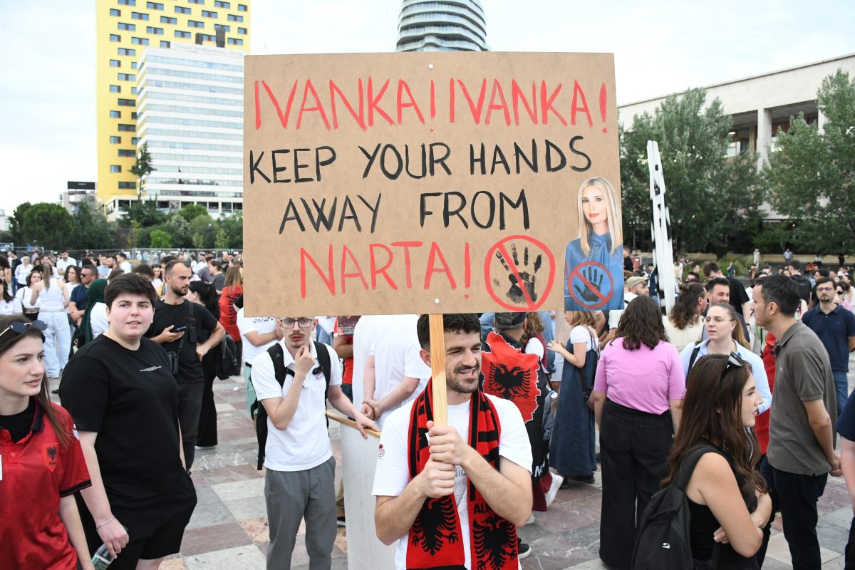 TIRANA, ALBANIA - JUNE 3: People stage a protest against a planned tourism project in the Zvernec area of the city of Avlonya (Vlora) as they gather on the Boulevard of the NationÄôs Martyrs in Tirana, Albania on June 3, 2026. People protest the sale of a stretch of coastline in Zvernec as part of a tourism project reportedly linked to U.S. President Donald TrumpÄôs daughter, Ivanka Trump, and her husband, Jared Kushner. Olsi Shehu / Anadolu