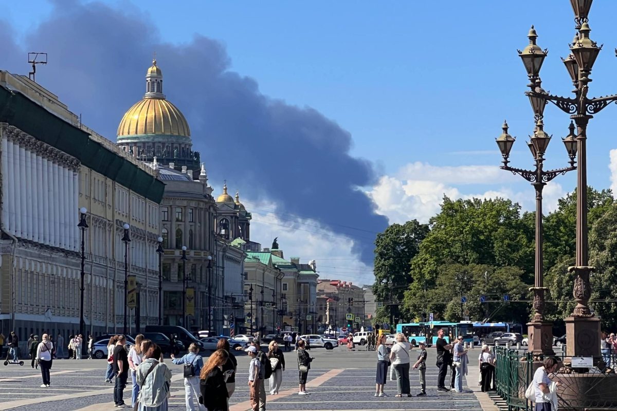 ST. PETERSBURG, RUSSIA - JUNE 03: Black smoke rises after Ukraine reportedly launched unmanned aerial vehicle (UAV) attacks on the opening day of the St. Petersburg International Economic Forum, one of Russia's most prominent organizations, in St. Petersburg, Russia, on June 03, 2026. Ali Cura / Anadolu